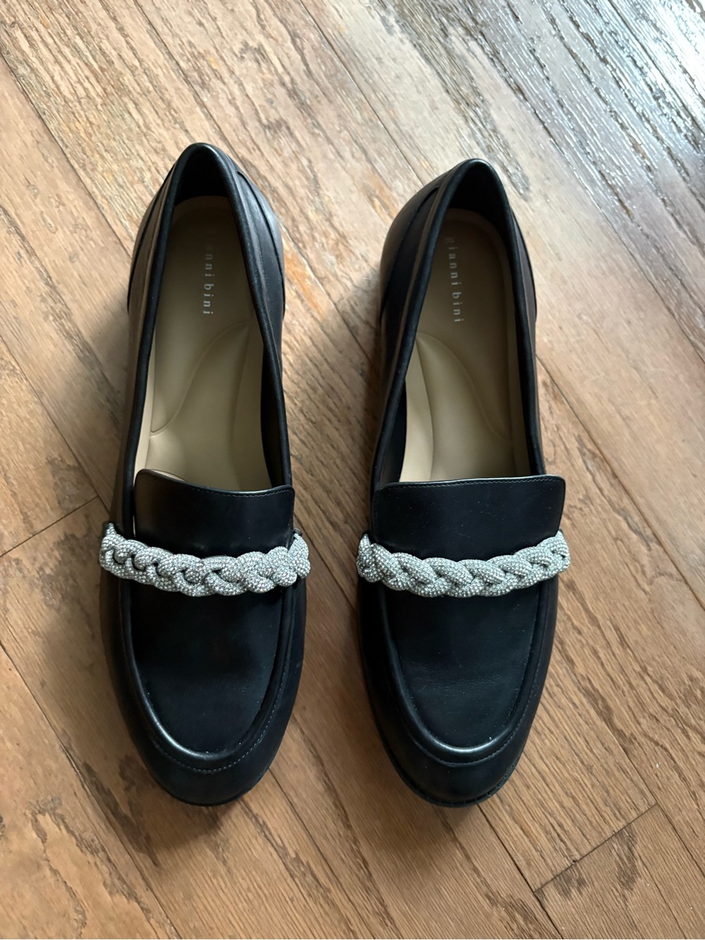 Gianni Bini Black Loafers with Braided Silver Accent. Leather Upper Manmade Sole